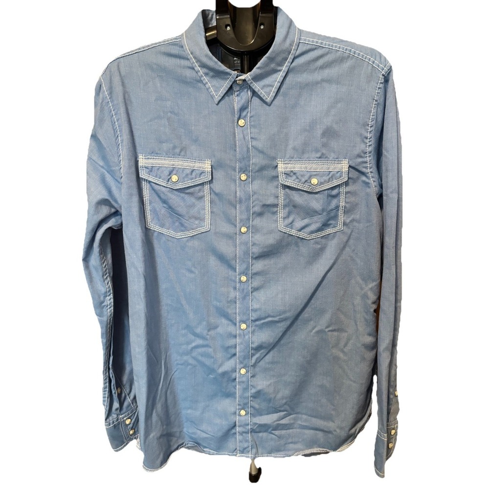 BKE Mens L Athletic Fit Pearl Snap Button Up Shirt Blue Western Long Sleeve